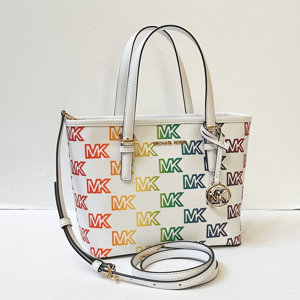Michael Kors Jet Set XS Carryall Tote Satchel Shoulder Bag MK Rainbow White - Picture 3 of 13